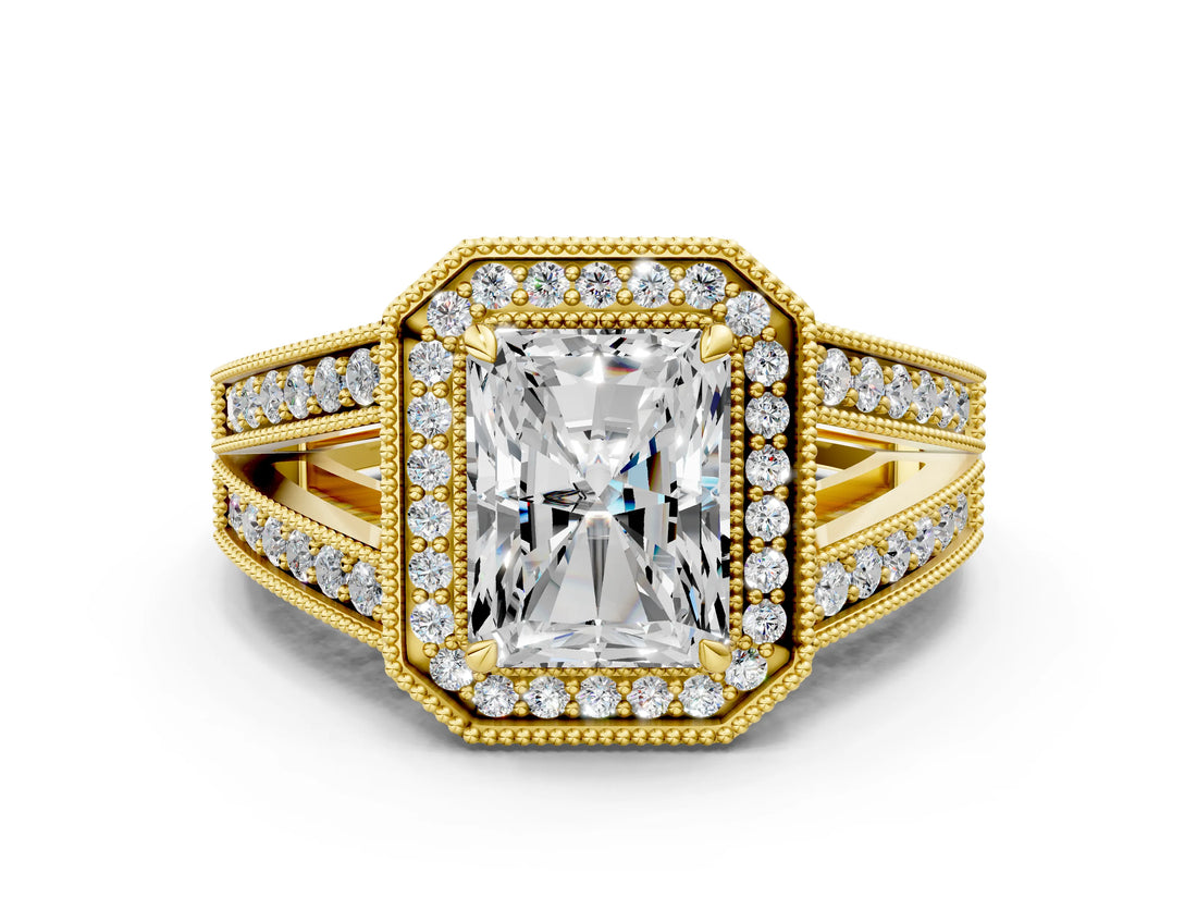 Yellow gold Radiant Halo Split Shank Diamond Ring with Milgrain Prong Setting_6