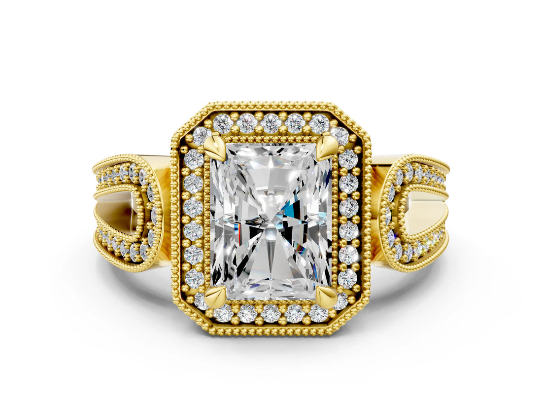 Yellow gold Radiant Halo Split Shank Milgrain Diamond Ring_18