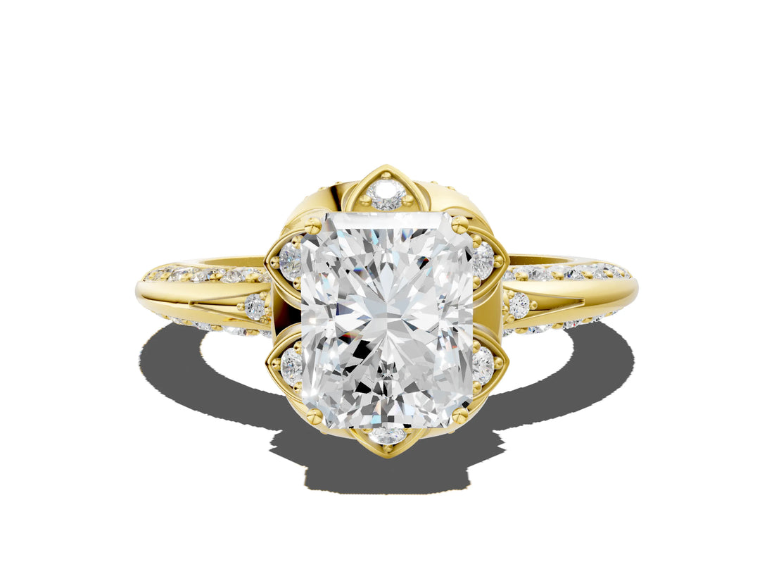 Yellow gold Radiant Halo Split Shank Pave Diamond Ring with Petal Prong Setting_21