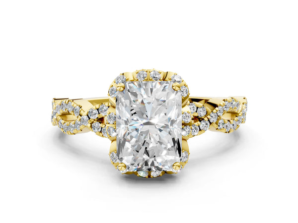 Yellow gold Radiant Halo Twist Band Solitaire Ring with Six-Prong Setting