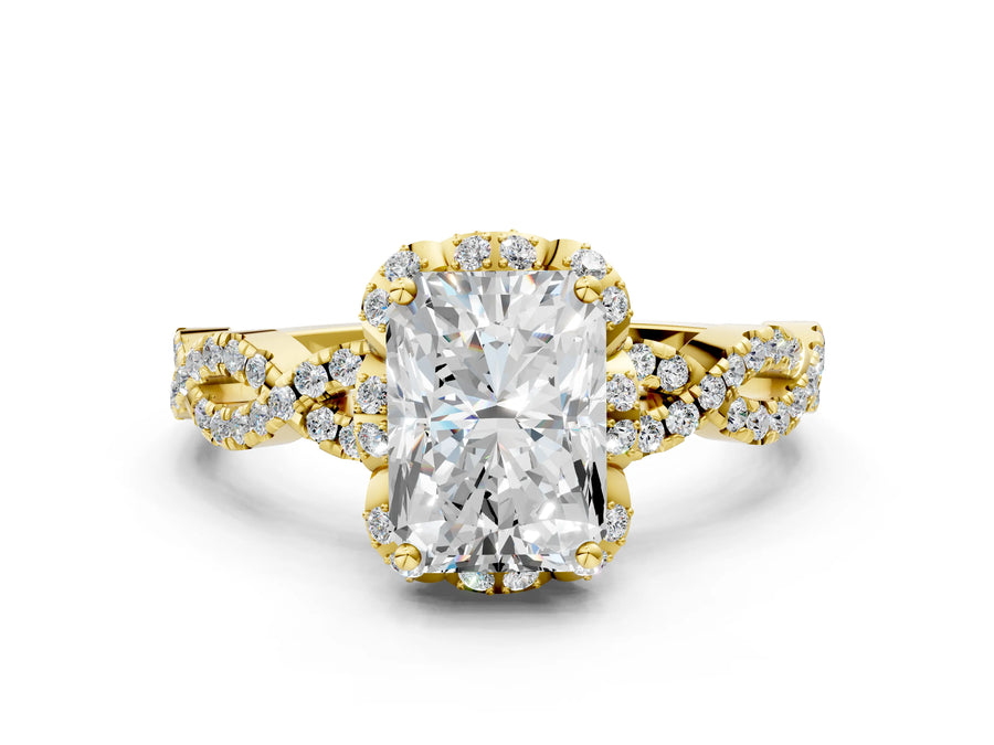 Yellow gold Radiant Halo Twist Band Solitaire Ring with Six-Prong Setting