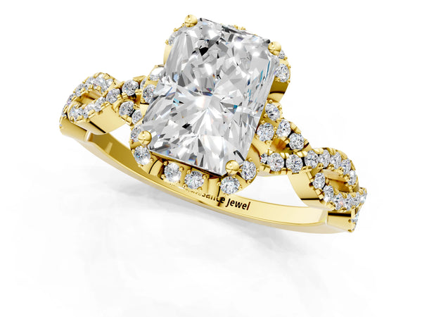 Yellow gold Radiant Halo Twist Band Solitaire Ring with Six-Prong Setting