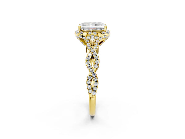 Yellow gold Radiant Halo Twist Band Solitaire Ring with Six-Prong Setting