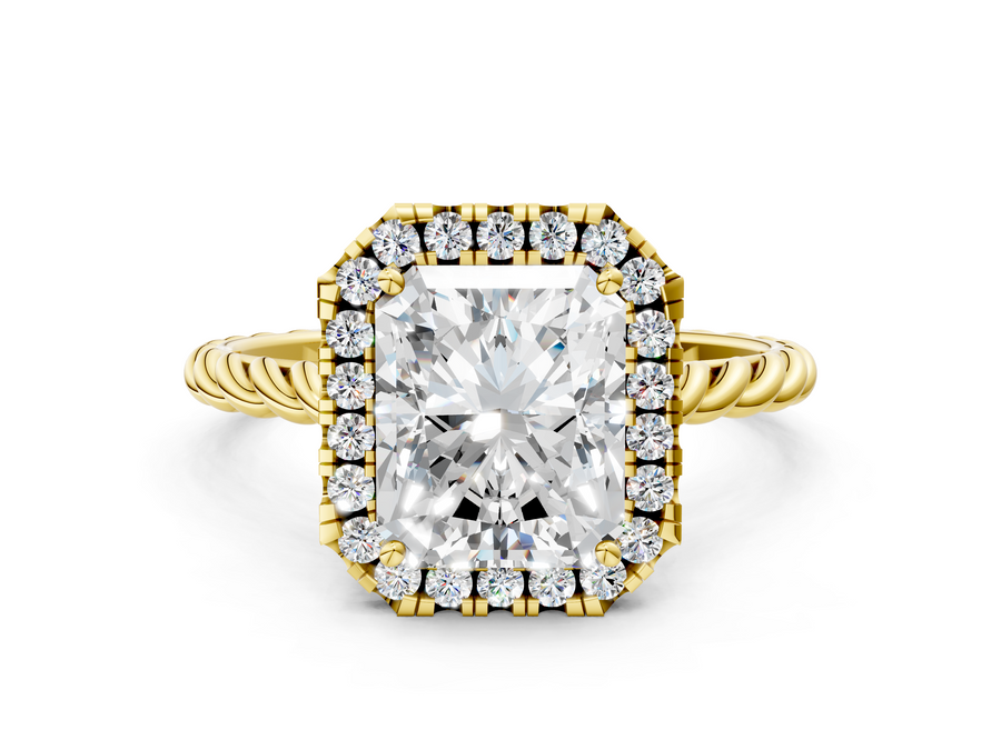 Yellow gold Radiant Halo Twisted Band Four-Prong Diamond Ring