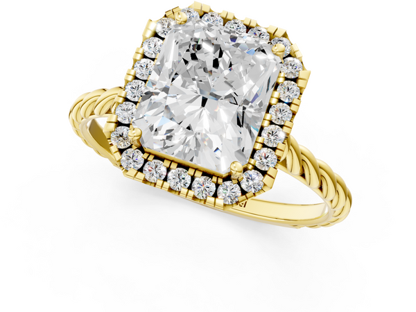 Yellow gold Radiant Halo Twisted Band Four-Prong Diamond Ring