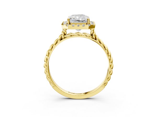 Yellow gold Radiant Halo Twisted Band Four-Prong Diamond Ring