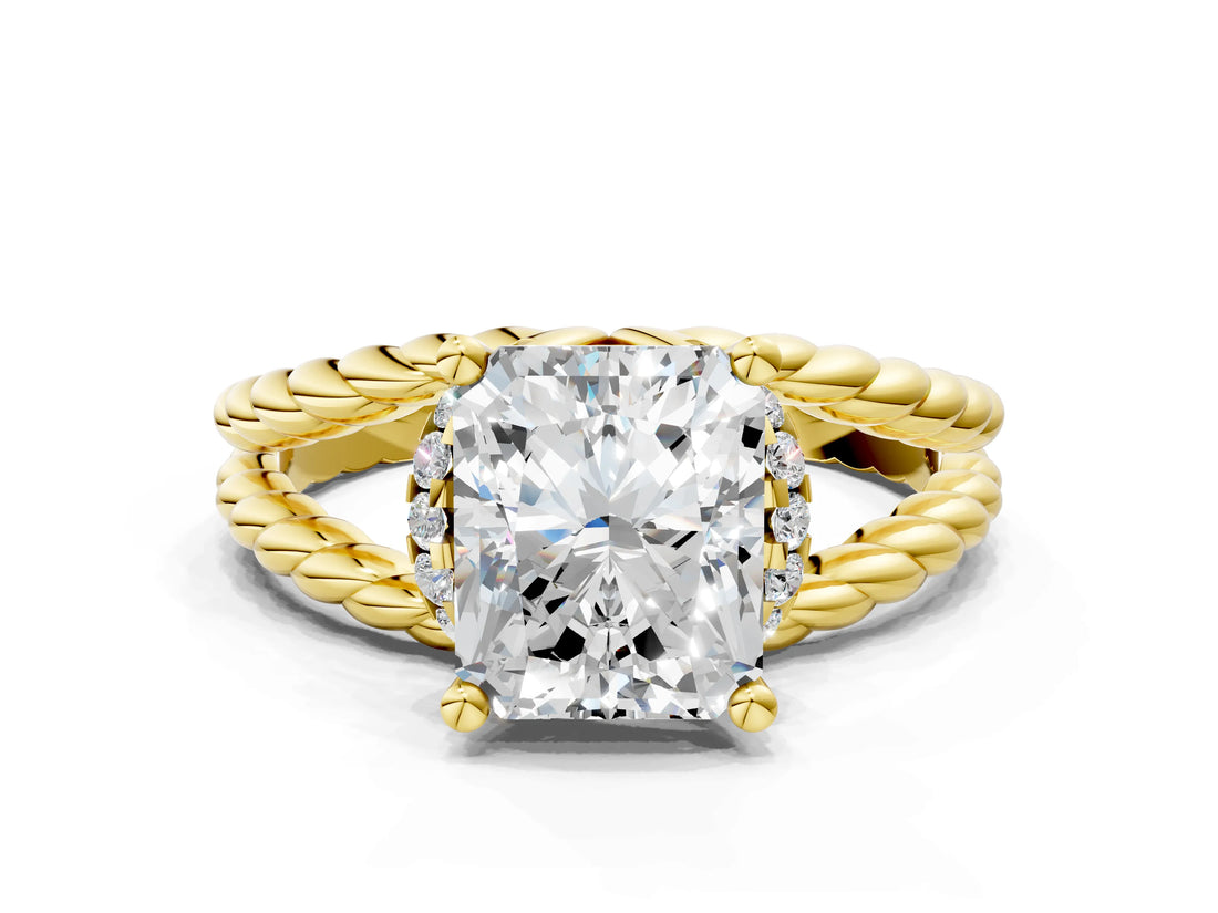 Yellow gold Radiant Halo Twisted Band Four-Prong Ring_33