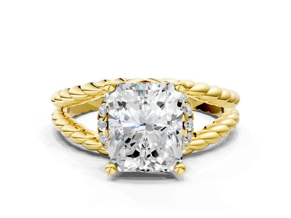 Yellow gold Radiant Halo Twisted Band Four-Prong Ring