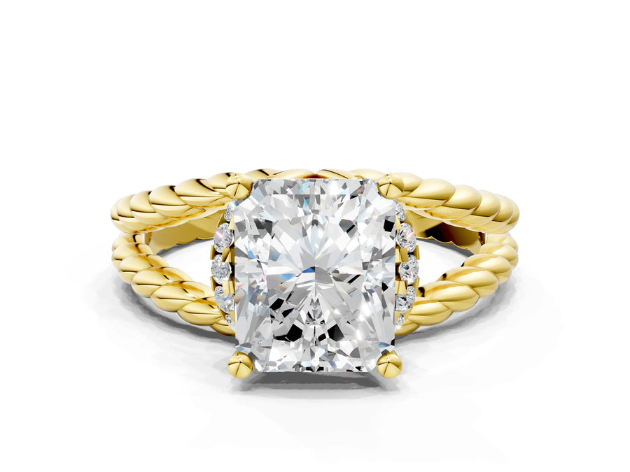 Yellow gold Radiant Halo Twisted Band Four-Prong Ring
