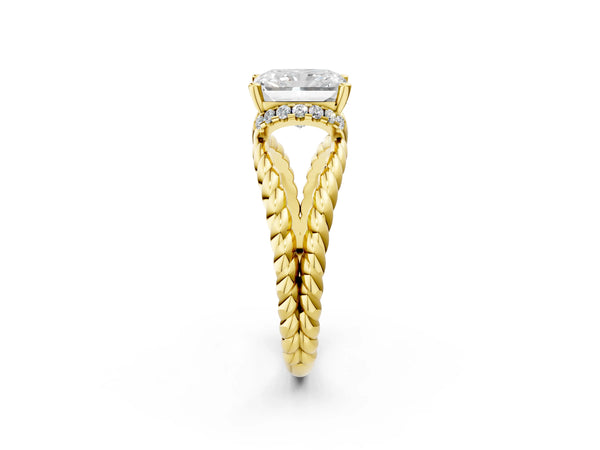 Yellow gold Radiant Halo Twisted Band Four-Prong Ring