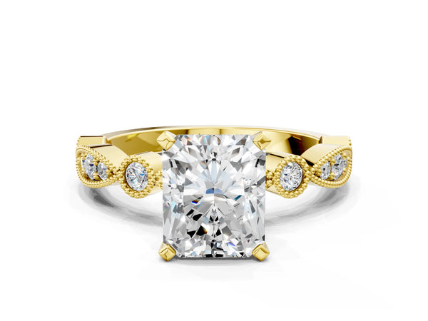 Yellow gold Radiant Milgrain Bezel Diamond Engagement Ring with Solitaire Prong Setting
