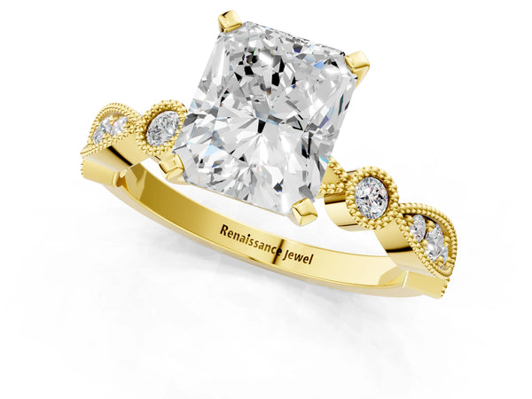 Yellow gold Radiant Milgrain Bezel Diamond Engagement Ring with Solitaire Prong Setting
