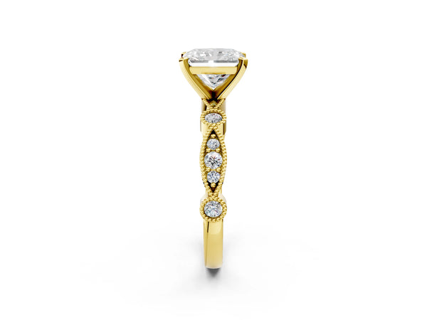 Yellow gold Radiant Milgrain Bezel Diamond Engagement Ring with Solitaire Prong Setting