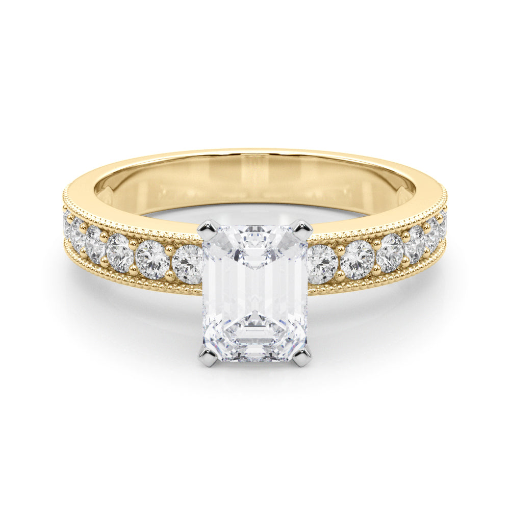 Yellow gold Radiant Milgrain Pave Diamond Engagement Ring with Four-Prong Setting