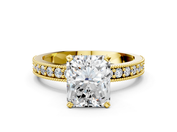 Yellow gold Radiant Cut Diamond Milgrain Pavé Engagement Ring with Four-Prong Setting