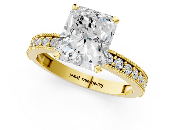 Yellow gold Radiant Cut Diamond Milgrain Pavé Engagement Ring with Four-Prong Setting