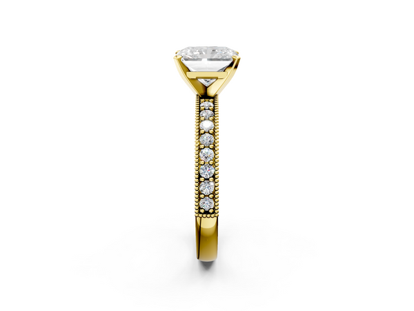Yellow gold Radiant Cut Diamond Milgrain Pavé Engagement Ring with Four-Prong Setting