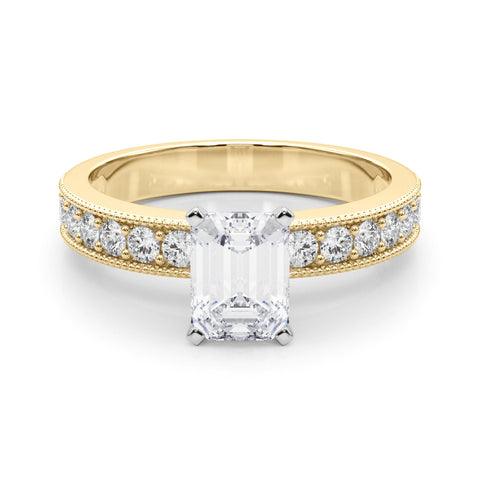 Yellow gold Radiant Milgrain Pave Diamond Engagement Ring with Four-Prong Setting