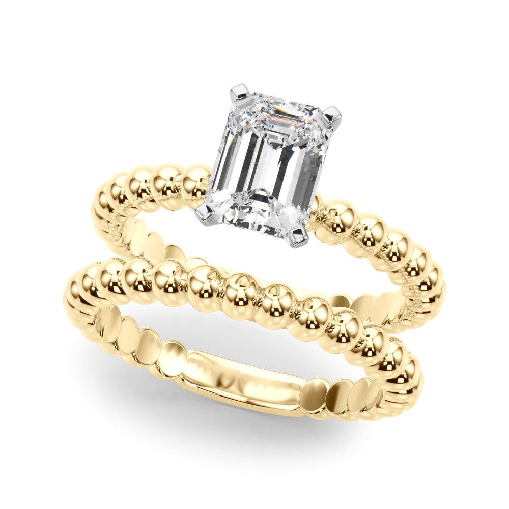 Yellow gold Radiant Solitaire Beaded Band Prong Setting Ring