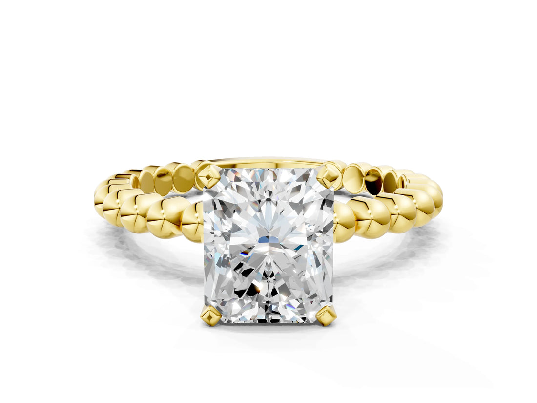Yellow gold Radiant Solitaire Beaded Band Prong Setting Ring