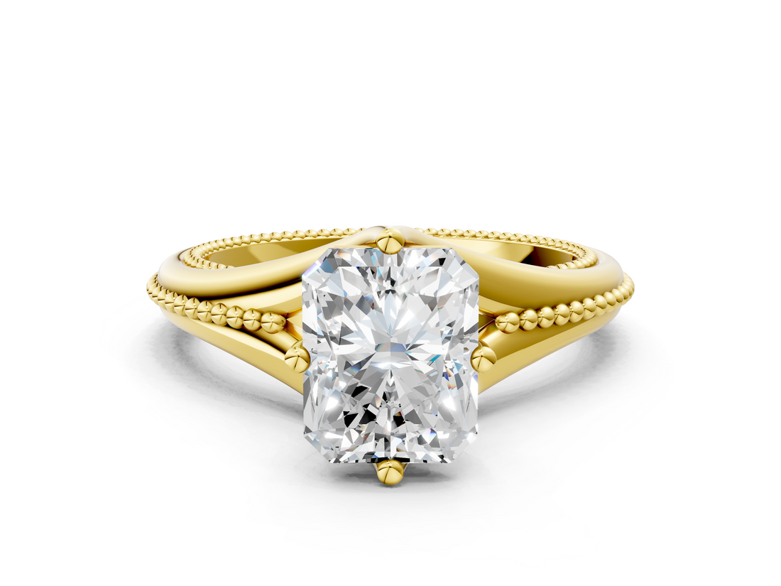 Yellow gold Radiant Solitaire Beaded Band Six-Prong Setting_4