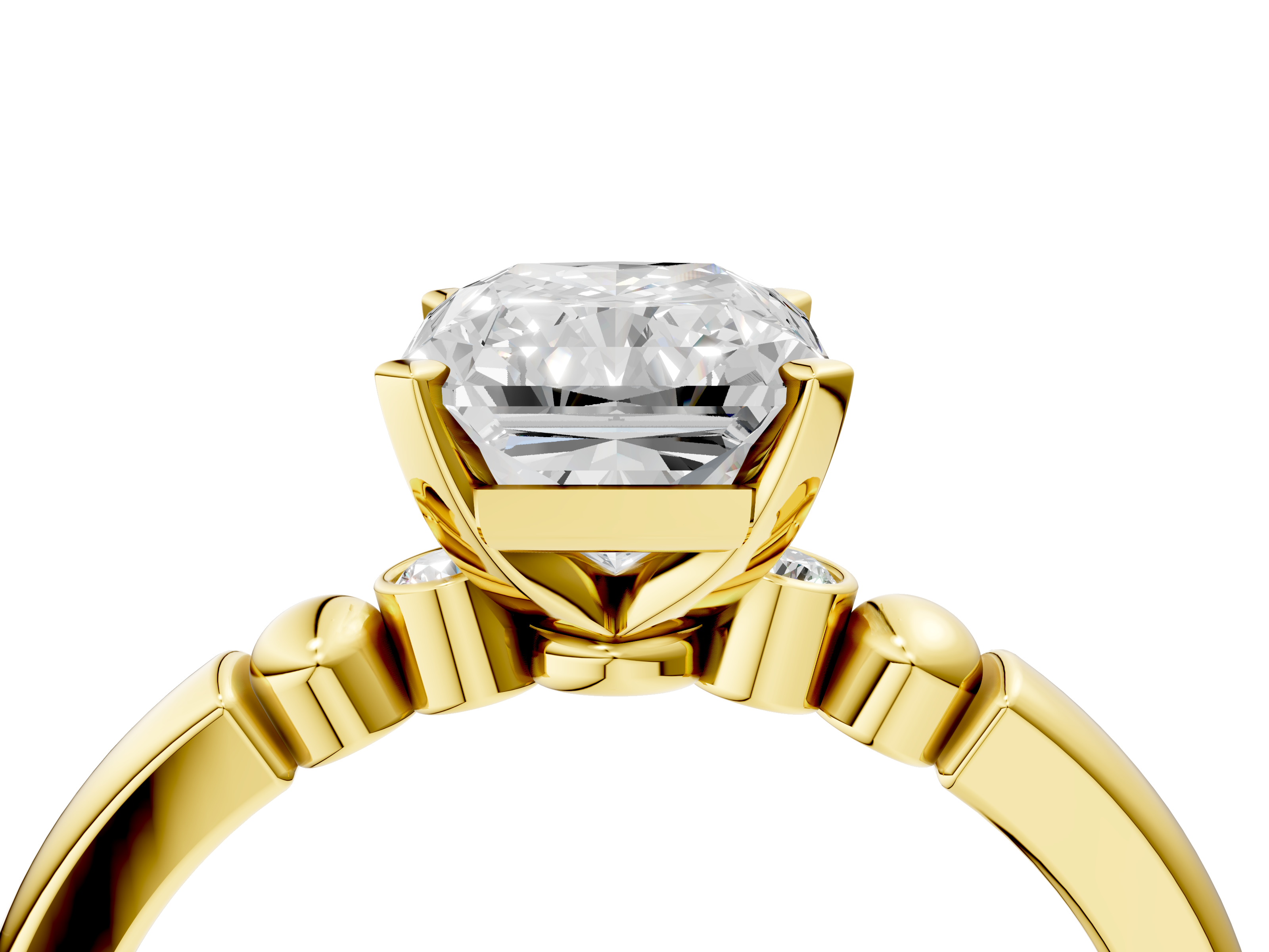 Yellow gold Radiant Solitaire Beaded Band with Four-Prong Setting_67