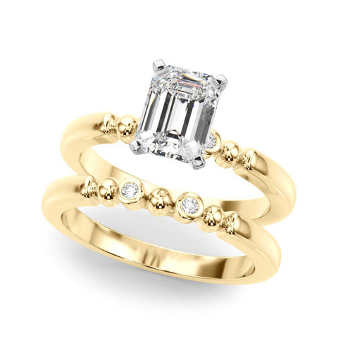 Yellow gold Radiant Solitaire Beaded Band with Four-Prong Setting