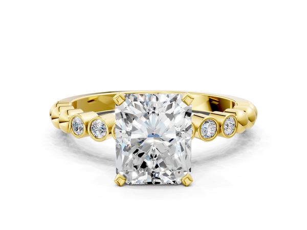 Yellow gold Radiant Solitaire Bezel Accent Diamond Engagement Ring with Beaded Band and Four-Prong Setting