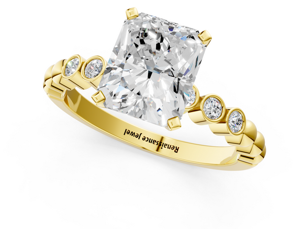 Yellow gold Radiant Solitaire Bezel Accent Diamond Engagement Ring with Beaded Band and Four-Prong Setting