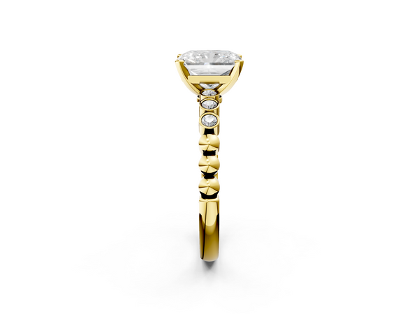 Yellow gold Radiant Solitaire Bezel Accent Diamond Engagement Ring with Beaded Band and Four-Prong Setting