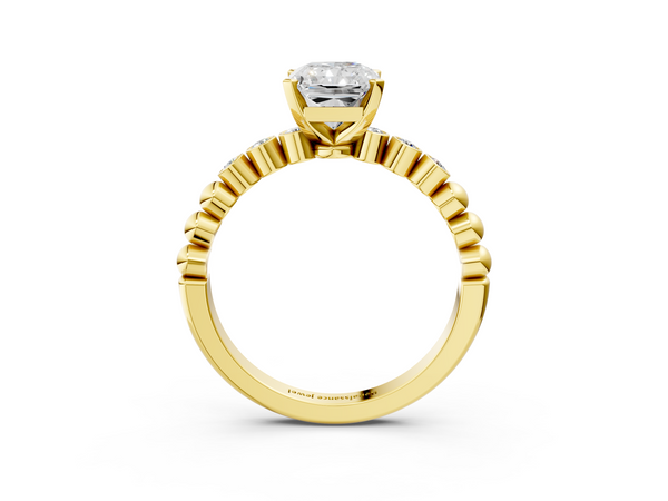 Yellow gold Radiant Solitaire Bezel Accent Diamond Engagement Ring with Beaded Band and Four-Prong Setting