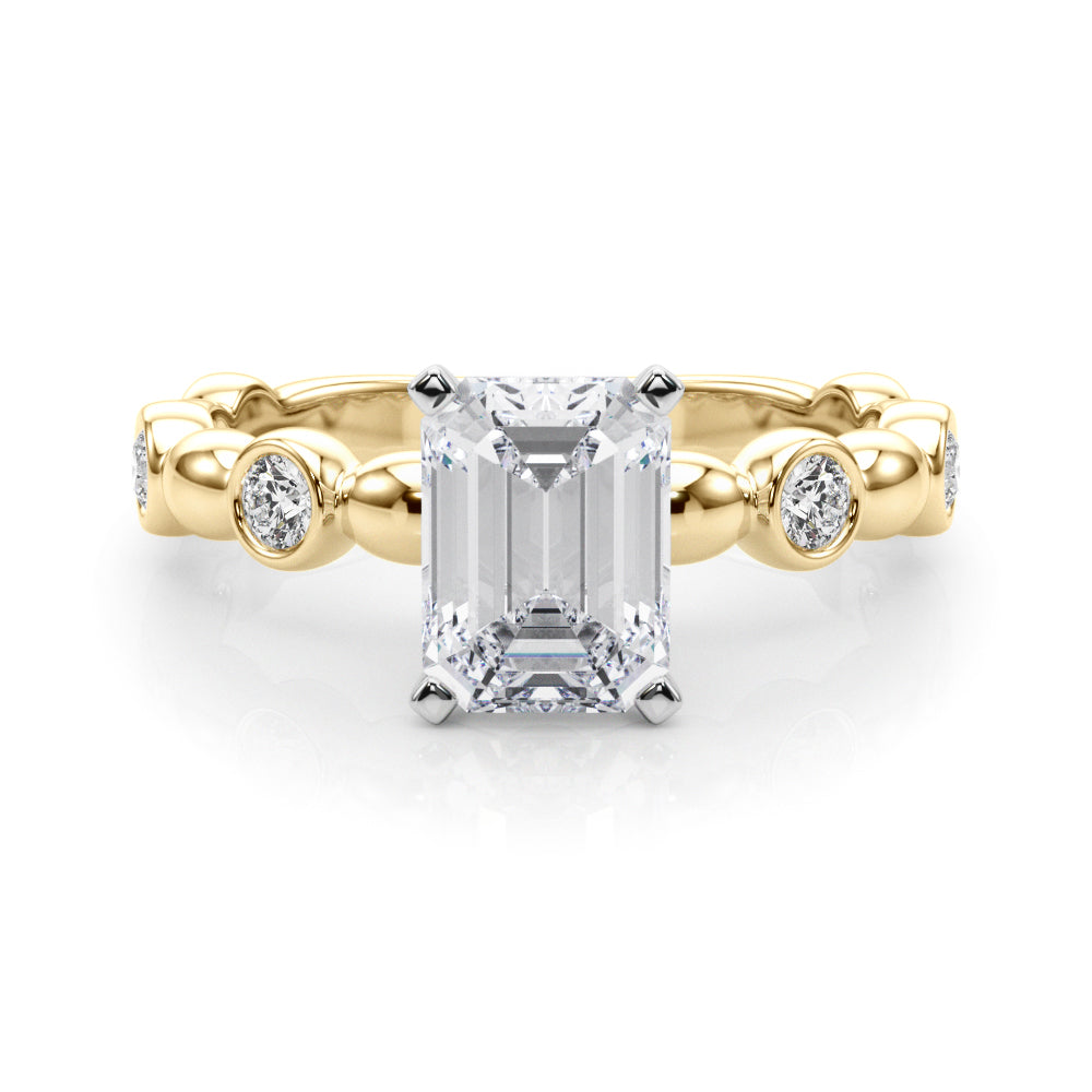 Yellow gold Radiant Solitaire Bezel-Set Diamond Ring with Beaded Band and Four-Prong Setting