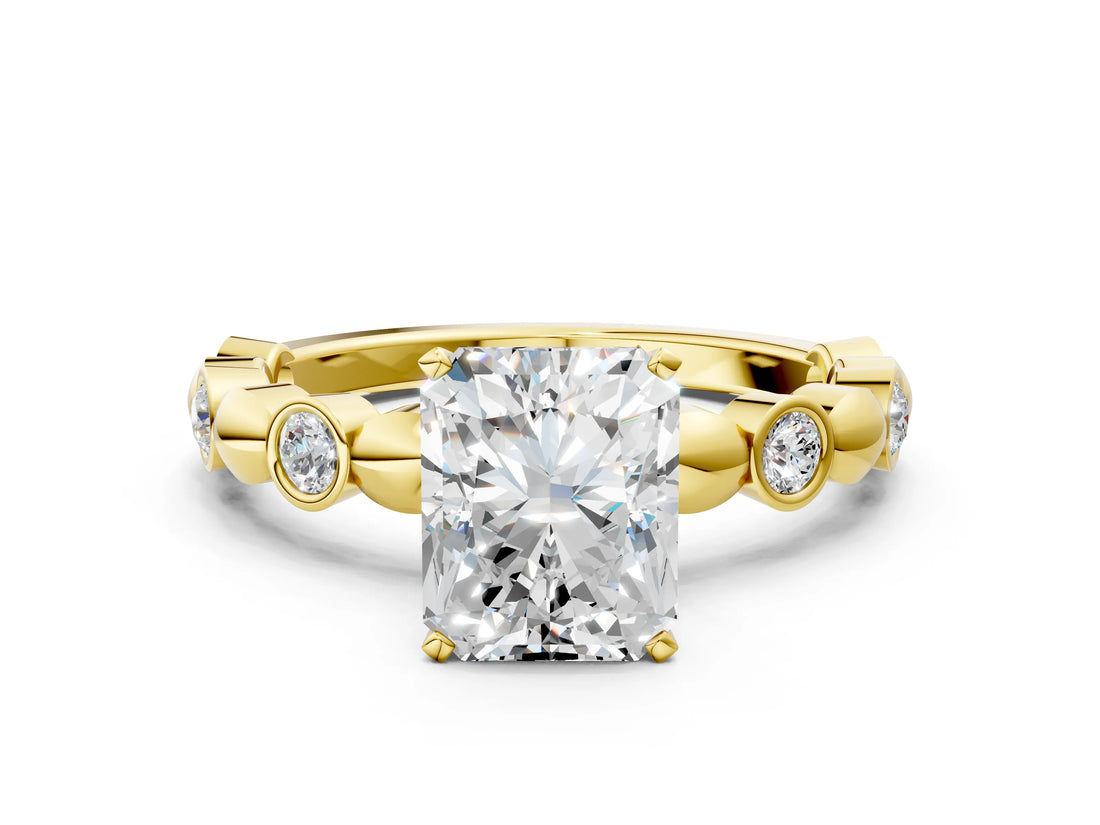 Yellow gold Radiant Solitaire Bezel-Set Diamond Ring with Beaded Band and Four-Prong Setting_47