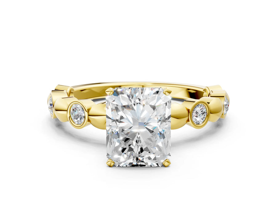 Yellow gold Radiant Solitaire Bezel-Set Diamond Ring with Beaded Band and Four-Prong Setting