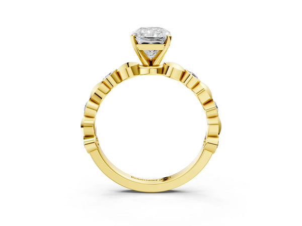 Yellow gold Radiant Solitaire Bezel-Set Diamond Ring with Beaded Band and Four-Prong Setting