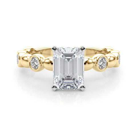 Yellow gold Radiant Solitaire Bezel-Set Diamond Ring with Beaded Band and Four-Prong Setting