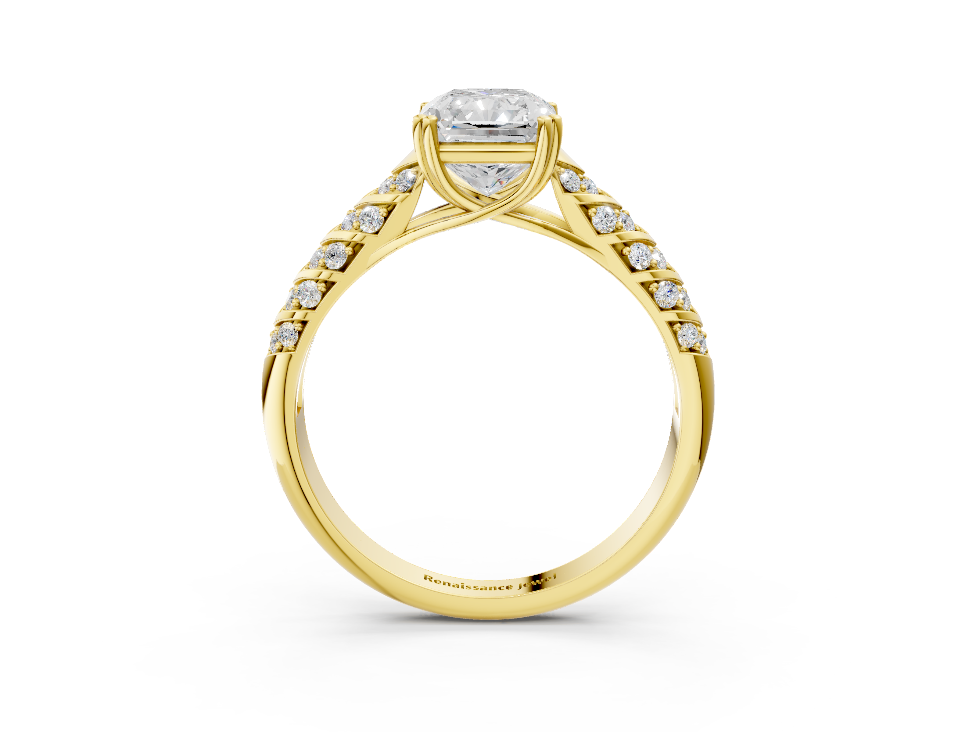 Yellow gold Radiant Solitaire Chevron Pave Diamond Engagement Ring with Six-Prong Setting_6