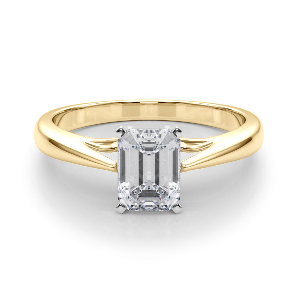 Yellow gold Radiant Solitaire Diamond Engagement Ring with Cathedral Setting and Four-Prong Mount on a Classic Band