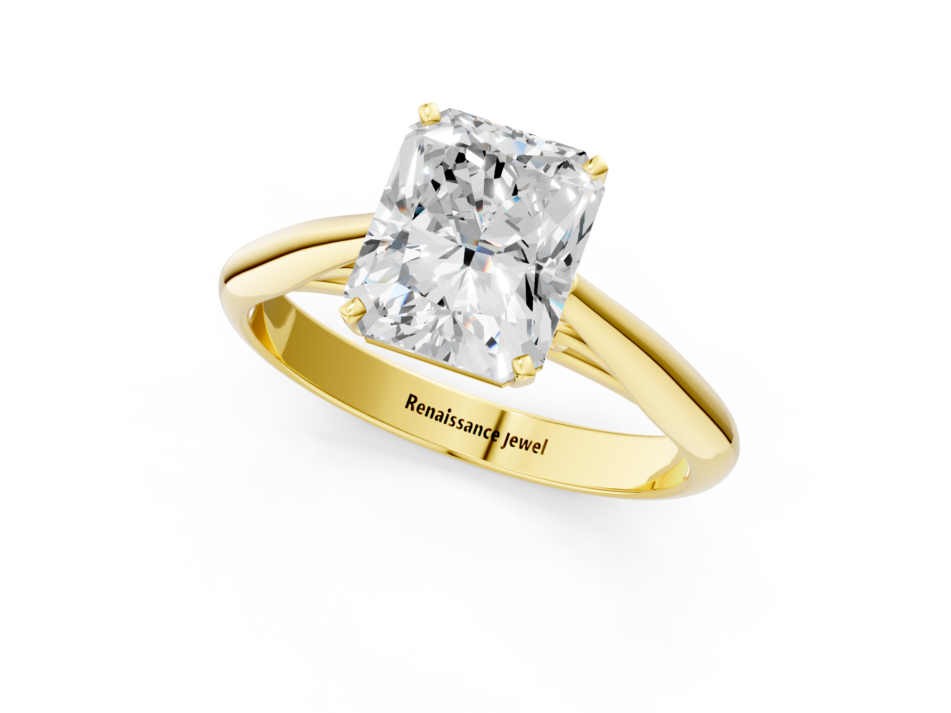 Yellow gold Radiant Solitaire Diamond Engagement Ring with Cathedral Setting and Four-Prong Mount on a Classic Band_112