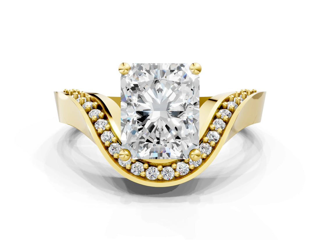Yellow gold Radiant Solitaire Diamond Engagement Ring with Pave Band and Four-Prong Setting 1