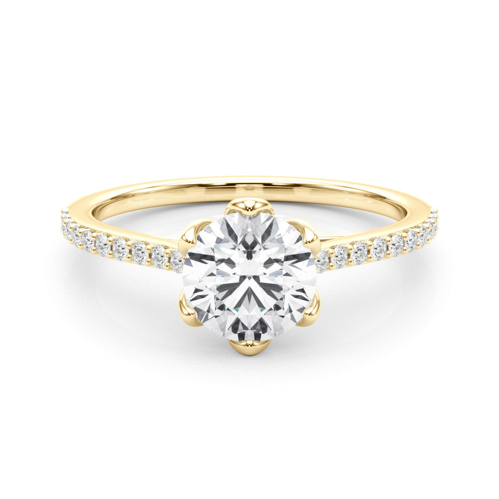 Yellow gold Radiant Solitaire Diamond Engagement Ring with Pave Band and Six-Prong Setting