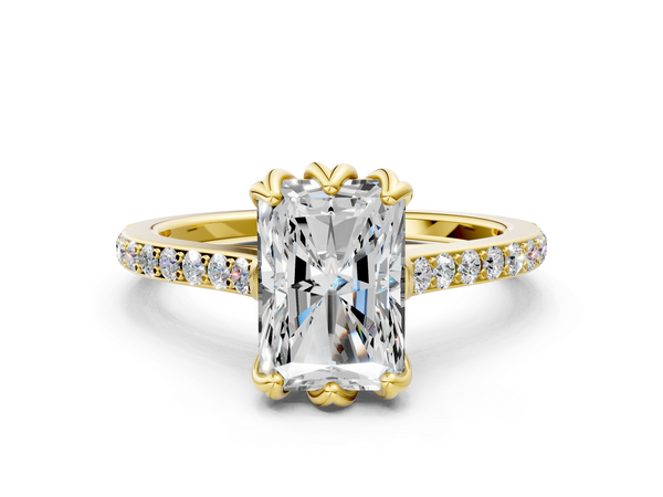 Yellow gold Radiant Solitaire Diamond Engagement Ring with Pave Band and Six-Prong Setting