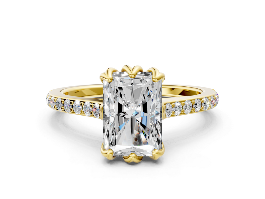 Yellow gold Radiant Solitaire Diamond Engagement Ring with Pave Band and Six-Prong Setting