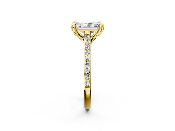 Yellow gold Radiant Solitaire Diamond Engagement Ring with Pave Band and Six-Prong Setting
