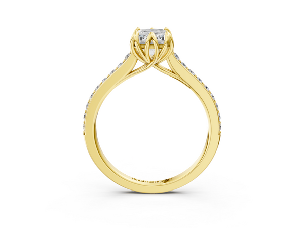 Yellow gold Radiant Solitaire Diamond Engagement Ring with Pave Band and Six-Prong Setting