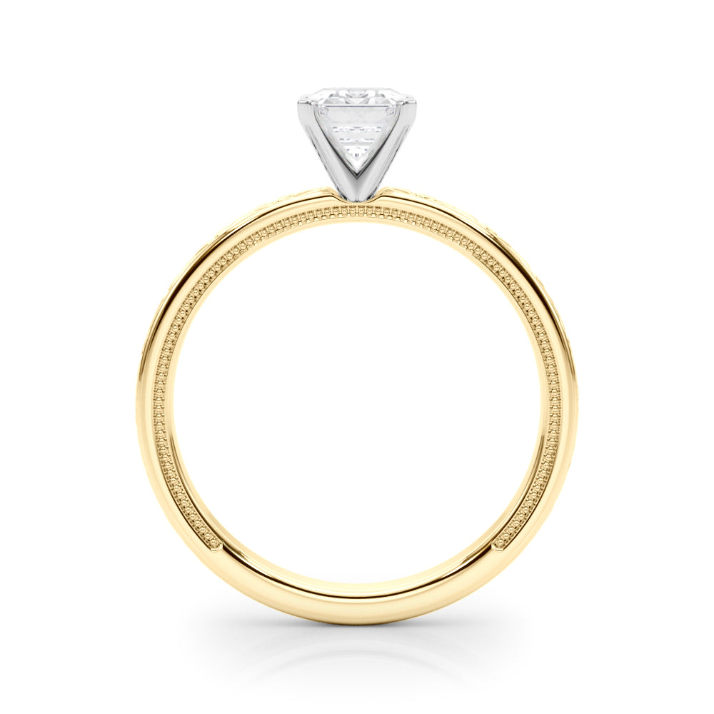 Yellow gold Radiant Solitaire Diamond Engagement Ring with XO Engraved Band and Four-Prong Setting 1