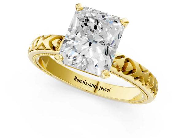 Yellow gold Radiant Solitaire Diamond Engagement Ring with XO Engraved Band and Four-Prong Setting