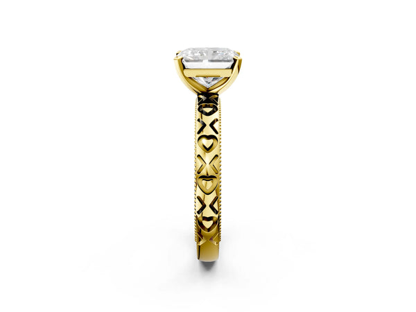 Yellow gold Radiant Solitaire Diamond Engagement Ring with XO Engraved Band and Four-Prong Setting