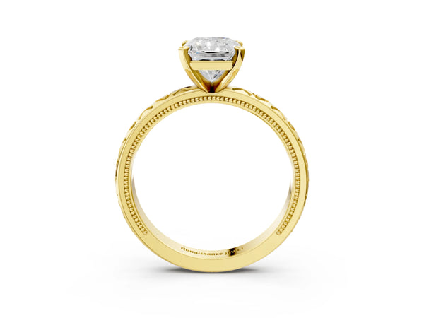 Yellow gold Radiant Solitaire Diamond Engagement Ring with XO Engraved Band and Four-Prong Setting