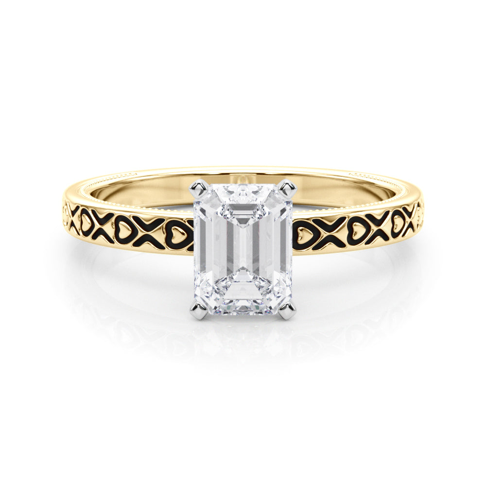 Yellow gold Radiant Solitaire Diamond Engagement Ring with XO Engraved Band and Four-Prong Setting